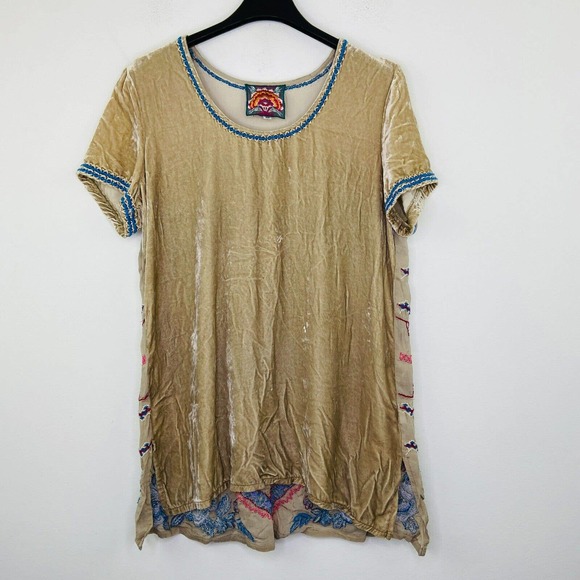 Johnny Was Tops - Johnny Was Womens XS Shirt Beige Blue Floral Aztec Embroidered Velvet Tunic AY16